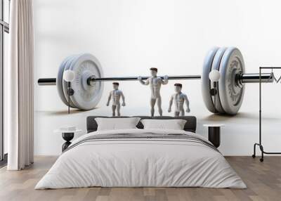 3d small people with a barbell Isolated on white background Wall mural