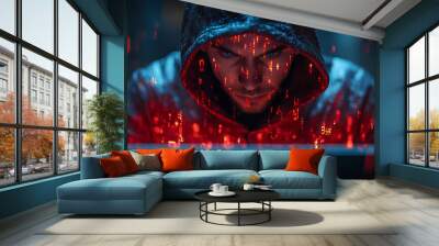 Abstract polygonal hacker with laptop on technology dark background. Cyber attack and cyber security concepts. Computer hacking. Digital technology. Man in hoodie Wall mural