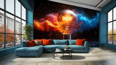 Creative light bulb explodes with colorful paint and splashes on a black background. Think differently creative idea concept Wall mural