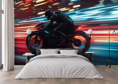 motorbike at high speed along the highway of cyberpunk city Wall mural