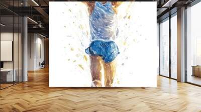 A dynamic illustration of a runner in a blue outfit, celebrating victory with arms raised amidst splashes, symbolizing joy and achievement in sports. Wall mural