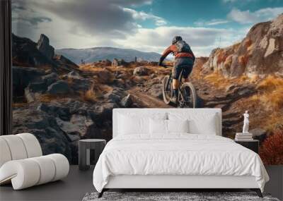 A daring rider navigating a rugged rocky trail. Generative AI. Wall mural