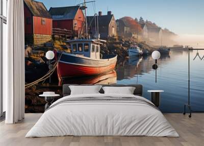 A foggy morning in a coastal fishing village, the outlines of boats barely visible through the mist, Wall mural