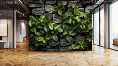 Close-up of a stone wall adorned with green leaves. Generative AI Wall mural