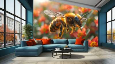 Honey bee gracefully flies through a vibrant flower garden, collecting pollen. The sunny day illuminates orange, yellow, and green blossoms as the bee hovers Wall mural