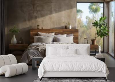 minimalist bedroom with a low bed, monochromatic bedding, and minimal decor, conveying the peaceful  Wall mural