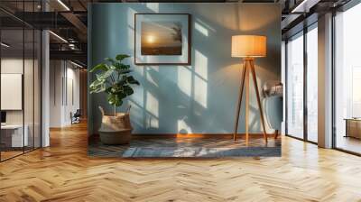 Sunlight streaming through window illuminating modern living room with ficus lyrata plant and floor lamp Wall mural