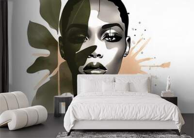 African young beautiful woman with tropical plant minimalist art collage watercolor paint illustration. Generative Ai Wall mural