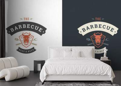 Barbecue logo vector illustration grill steak house or bbq restaurant menu emblem cow head with forks silhouette Wall mural