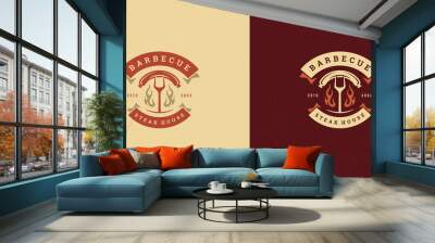 Barbecue logo vector illustration grill steak house or bbq restaurant menu emblem fork with sausage silhouette Wall mural