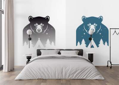 Bear night camping forest double exposure effect vintage design for t shirt print poster vector flat Wall mural