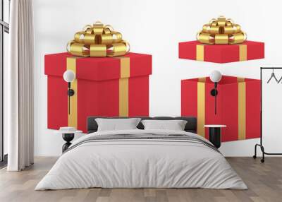 Beautiful three dimensional open and closed festive gift box wrapped by golden bow ribbon vector Wall mural