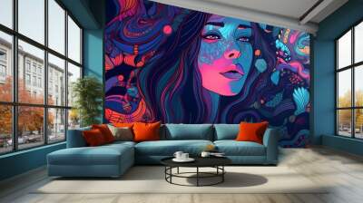 Beautiful woman face fantasy surreal art colorful cosmic psychedelic silhouette illustration. Generative Ai Wall mural