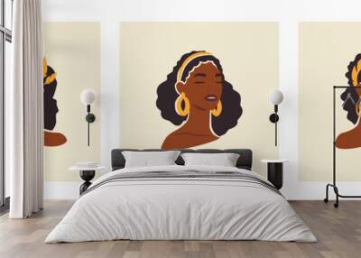 Beauty African boho black woman portrait golden jewelry hand drawn paint set vector flat illustration Wall mural