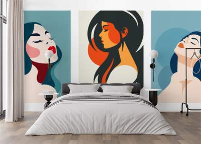 Beauty woman pastel color portrait abstract fashion artwork poster set vector flat illustration Wall mural