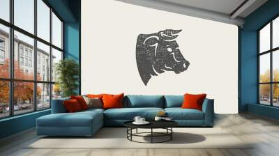 Bull head silhouette with large horns for animal husbandry industry hand drawn stamp vector illustration. Wall mural