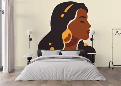 Dark skin African woman head natural beauty fashion aesthetic hand drawn modern minimal vector flat illustration Wall mural