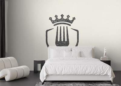 Fork silhouette and crown for premium food concept hand drawn stamp effect vector illustration. Wall mural