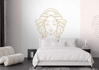 Magic female heads and woman with beauty hairstyle in boho linear style vector illustrations set. Wall mural