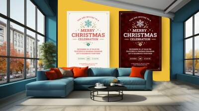 Merry Christmas celebration festive party retro promo flyer design template set vector flat illustration. Winter holiday musical event festival vintage promo poster with snowflake and golden confetti Wall mural