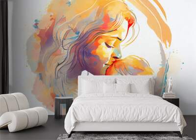 Mother kiss baby love tender abstract circle frame soft pastel color contour watercolor paint Wall mural