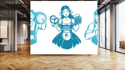 Oktoberfest people man and woman silhouettes in traditional german dress holding beer and food vector illustration Wall mural