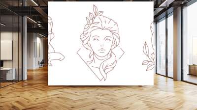 Pretty antique lady bust monochrome lineart logo set vector illustration. Medieval elegant woman Wall mural