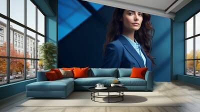 Professional Woman in Blue Business Suit Standing in Office Environment. Generative AI Wall mural