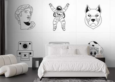 Retro groovy surreal trendy cartoon characters monochrome line elements icon set vector Wall mural