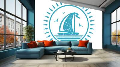 Sailing boat floating on sea with seagulls circle blue hand drawn logotype grunge texture vector Wall mural