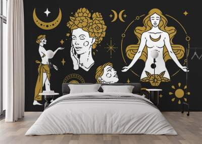 Simple artwork golden and black logo set woman antique goddess with esoteric decorative elements Wall mural