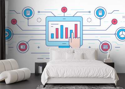 Vector illustration of flat line banner with human hand interacting with on computer for website business planning Wall mural