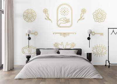 Vector line elegant decoration design elements set - flowers and gesture hands illustrations minimal linear style Wall mural