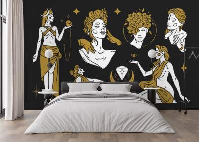 Woman esoteric cotoured golden black minimalist logo set vector illustration female antique goddess Wall mural