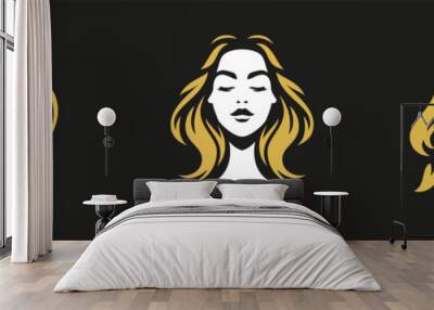 Young blonde woman beauty portrait golden long hair logo for coiffure hairdresser set vector flat Wall mural