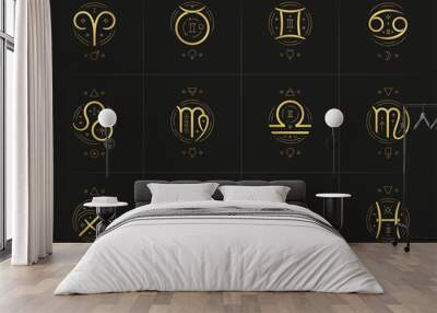 Zodiac astrology horoscope glyphs linocut silhouettes design vector illustrations set Wall mural