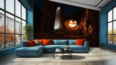 A pumpkin for Halloween at night in the forest, standing on large pine roots, a white ghost behind a tree. Wall mural