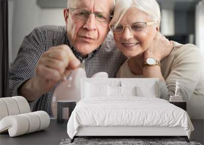 Senior couple puts the coin into the piggybank Wall mural