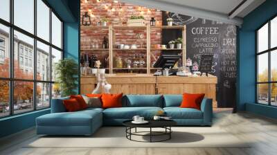 3d render of cafe bar restaurant nobody indoor. Empty coffee shop interior daytime with wooden design counter red brick wall in background. menu writing on blackboard with beautiful letters and cup. Wall mural