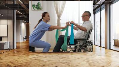 asian disable mature man sitting in wheelchair and working out with female personal physiotherapy care attendant’s help. they use resistance band together at home Wall mural