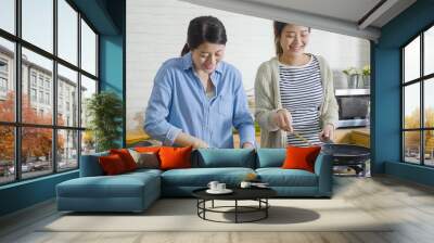 beautiful young asian chinese women friends preparing meal in modern home kitchen. happy laughing girls cooking and talking. relax female chatting while cutting on wooden board and frying on pan. Wall mural