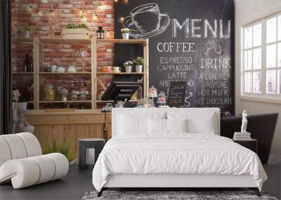 Modern cafe interior with wooden table Wall mural