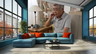 senior man sitting on home sofa and answering call on cellphone during retirement time. boring elderly male hanging up after end the conversation on mobile phone while relax on couch in living room Wall mural