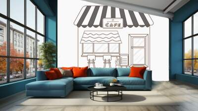 illustration of a cafe shop with chairs and tables in outline only Wall mural