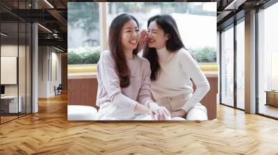 Asian young woman in sweater whispering something fun to her friends at a coffee shop. They smiling and laughing together. Wall mural