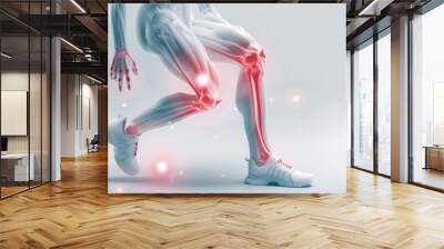 3D illustration of a human body with highlighted joints, showcasing bone and muscle structures in a dynamic pose. Wall mural