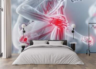 3D rendered image of a human figure highlighting joint pain areas in red, symbolizing arthritis or joint injury. Wall mural