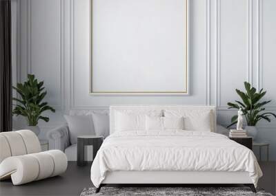 A chic, minimalist living room featuring a white sofa, empty frame, and indoor plants, creating a serene and stylish ambiance. Wall mural