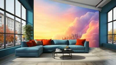 A surreal cityscape floating among the vibrant clouds during a majestic sunset, creating an ethereal and dreamlike atmosphere. Wall mural