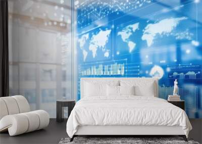 Abstract digital world map and financial data visualization in a modern futuristic office environment. Wall mural